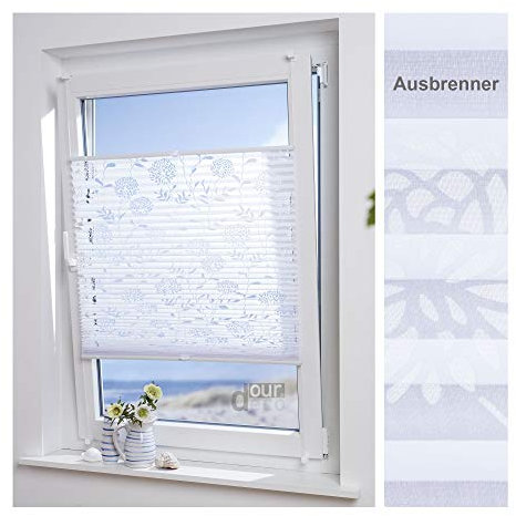 ourdeco® Plissee Ausbrenner mit Blumenmotiv; 55 x 210 cm weiß, Blumenmotiv durchsichtig, lichtdurchlässig/Klemmen=Montage ohne Bohren=Smartfix=Klemmfix-Plissee=Easy-to-fix