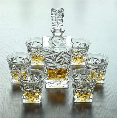 Ensemble carafe et verre de luxe , Ensemble de carafe à décanter, carafe en verre de cristal for alcool avec bouchon, carafe à vin de conception carrée-carafe de 750 Ml et verres de 260 Ml
