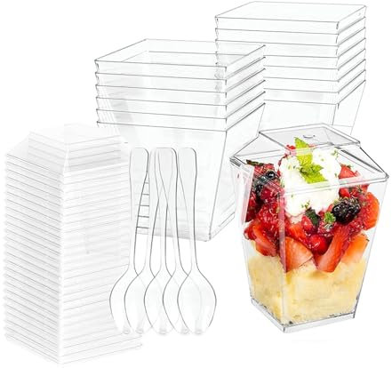 XINLIVE 50 Stück Dessertgläser Plastik 160ml Desserttassen mit Deckel und Löffeln, Wiederverwendbar Dessertschalen Dessertbecher Plastik für Mousse Pudding DIY Desserts Hochzeiten Party (5oz/160ml)