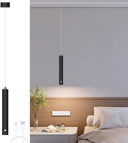 ACMHNC LED Pendelleuchte Schwarz Hängelampe mit batterie, 4500 Mah-Akku, Zylinder Pendelleuchte Batteriebetriebene für Nachttisch Schlafzimmer, 4x30cm