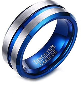 Grewod Ehering, 8MM Wolfram Herren Ring Blau Silber Rille Schmuck Ring für Hochzeit Größe 65 (20.7)