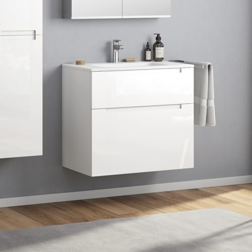 Zentrobad Premium Waschbecken mit Unterschrank lackiert 80 cm Waschtisch Badmöbel Badezimmer Schrank Badschrank mit Zwei Schubladen (Weiß glänzend)
