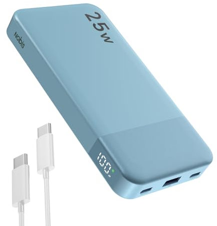 NOBIS Power Bank de 10,000 mAh, Bateria Portatil de 25W, bateria Externa Carga rapida con Pantalla LED Power Bank, Entrada y Salida USB-C para Phone 16/15/14/13/12, (Azul, 10000)