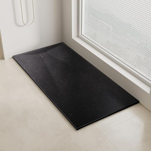 AQUARA Shower Tray, Slate Effect SMC Slip-Resistance Shower Base with Waste & Resin Grid Cover. 1400 x 700mm Stylish and Durable Black Trays for Shower Cubicle