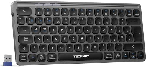 TECKNET Bluetooth Keyboard, Wireless Compact Keyboard, Rechargeable 2.4GHz USB Small Keyboard with 500mAh Battery Capacity for 3 Devices, Widely Compatible with Laptop, PC, UK Layout