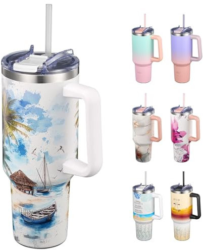 THILY Stainless Steel Insulated Travel Mug 40 oz Water Tumbler with Handle, Coffee Mug with Lid and Straws, Cupholder Friendly, Dishwasher Safe, for Outdoor, Camping, Coastal Breeze