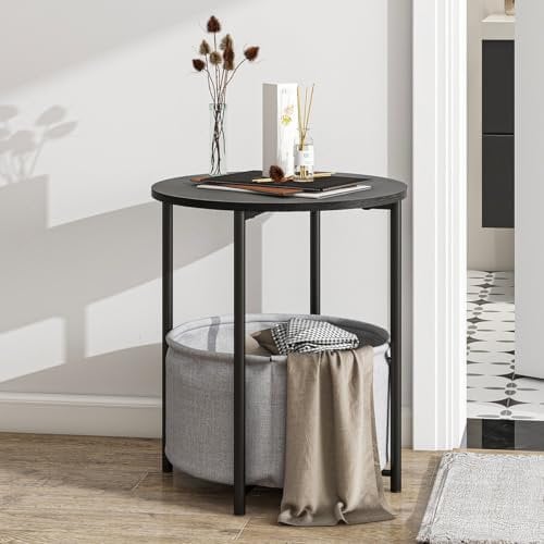 HOJINLINERO Couchtisch Rund Beistelltisch Holz,Couchtisch mit Stauraum Korb aus Stoff,Wohnzimmertisch,Beistelltisch Couch,Nachttisch,Sofatisch für Wohnzimmer Schlafzimmer,Kleiner Tisch,Schwarz + Grau