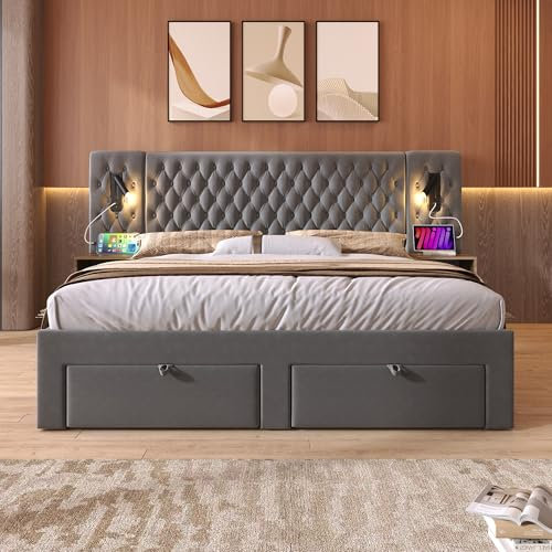 Idemon Set completo per camera da letto, letto matrimoniale, 160 x 200 cm, con 2 comodini e 4 cassetti, testiera con funzione di ricarica USB, 243 x 211 x 106 cm, velluto (senza materasso) (grigio)