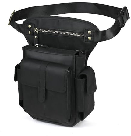 Le'aokuu Herren Echtes Leder Hüfttasche Gürteltasche Bauchtasche Reißverschluss Motorrad Messenger Pack Schultertasche 913-5 (B Schwarz 2)
