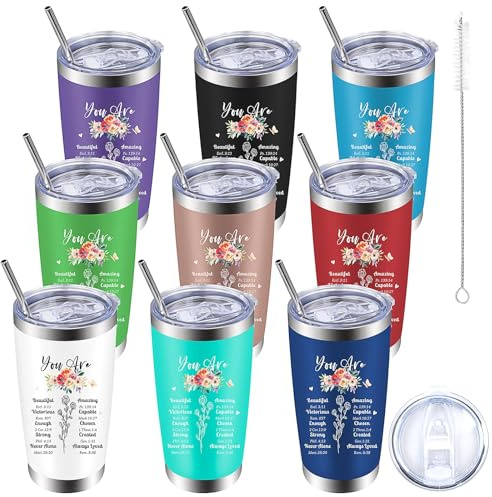 9 Pack Christian Gift Insulated Tumblers, 600 ml Stainless Steel Bible Verse Cup Bulk, Inspirational Travel Coffee Mugs with Lids and Straws for Women Men Teacher Coworker Friend Employee Appreciation