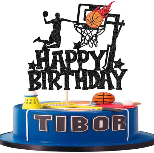 Xsstarmi 1 Pack Basketball Theme Happy Birthday Cake Topper Black Glitter Star Basketball Game Player Shooting Cake Pick for Basketball Theme Baby Shower Birthday Party Cake Decorations Supplies
