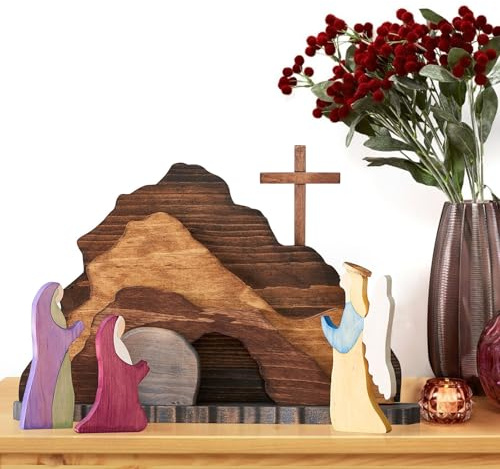 Osterkrippe Holz Osterszene Dekoration, Handgefertigte Jesus Krippe Holzkreuz Osterfigur Auferstehungs Szenen Set, Ostern Jesus Schild Etagere Tablett Dekorationen für Zuhause Tischplatte Büro