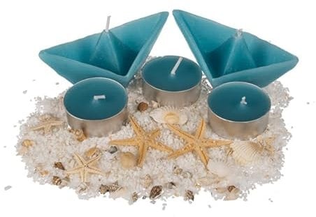 Set Maritim mit Schwimmkerzen Boot Schiff blau-weiß Teelichter - Sand und Muscheln in Geschenkverpackung - Farbe wählbar (hell blau)