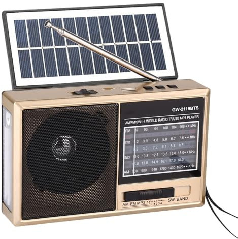 Radio Vintage, Radio FM Solar con Iluminación LED, Reproductor Vintage Portátil con Sonido Nítido para Escritorio, Camping, Hogar, Garaje y Exteriores