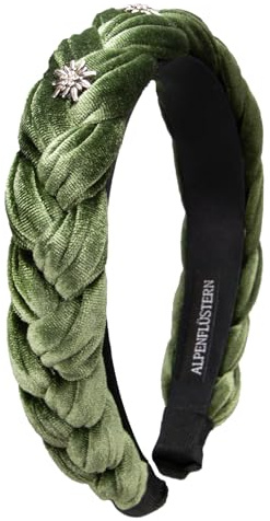 Alpenflüstern Trachten-Haarreif Samt Flechtoptik & Strass-Edelweiß - Damen Haarschmuck rutschfest, Haarband geflochten fürs Dirndl (in traditionellen Farben) ADV129 (moosgrün)