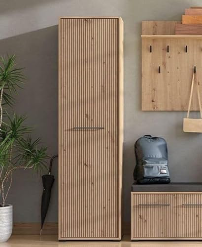 Slim 1 Door Wardrobe with Pull-Out Hanging Rail & Shelves - Slatted Artisan Oak Effect Compact Storage for Small Bedrooms