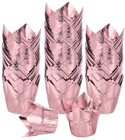 sourcing map 100 Pcs Tulip Cupcake Liners, Muffins Liners Aluminum Foil Cupcake Wrappers Baking Cups Muffins Liners for Wedding Birthday Party Supplies, Rose Gold