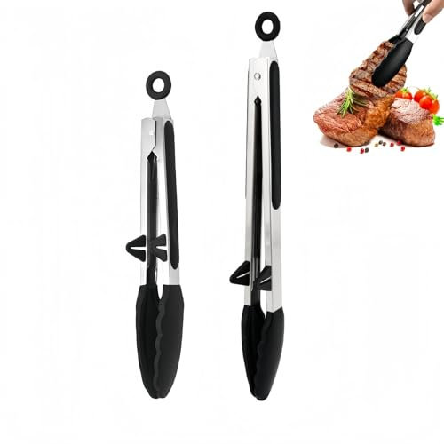 MHwan Küchenzange, 2 Stück 34cm, 27cm Grillzange Edelstahl mit Ständer, die den Topf Nicht Beschädigen, BPA-Frei, Lebensmittelechtem Silikon mit Verbrühschutz Rutschfestigkeit Zange Küche