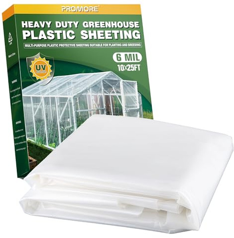 PROMORE 6 Mil Plastic Sheeting, 10x25 FT, Greenhouse Plastic Sheeting, Heavy Duty, Polyethylene Film, UV Resistant, Tear-Proof, for Garden, Agriculture, Painting Floor Protection