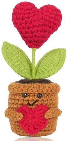 AUFIKR 1 Stück Häkelblume Pflanze aus Wollgarn, Gehäkelte Blumen & Emotional Support Geschenk, ideal für Muttertag & Gute Besserung Wünsche (Rote Herzblume)