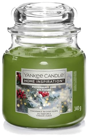 Yankee Candle Home Inspiration Pepperberry Pine Scented Jar Candle, Green Glass, 340g, Medium Size, Winter Holiday Theme
