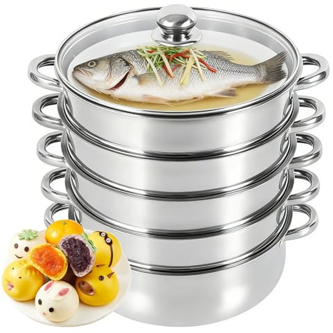 Vaporera Acero Inoxidable con Tapa Vristal, Olla Presión Verduras Grande Hogar 5 Capas Duradera, Ollas Vaporera Cocinar Vapor Cocinar Vapor Steamer Cooking para Cocinar Verduras Mariscos Sopas Guisos