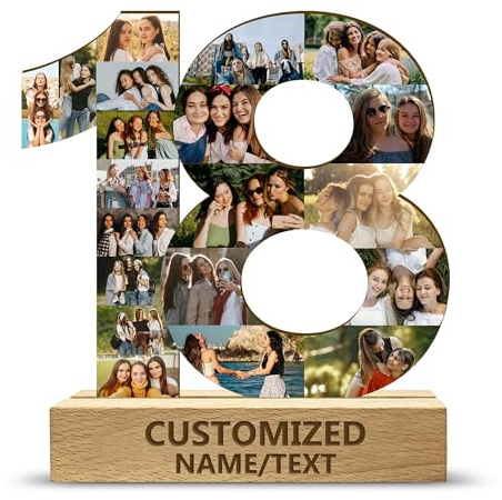 AGEUIRPOD Personalisierte 1-99 Nummer 18Th Geburtstag Jubiläum Foto Collage Rahmen, Geburtstagoder Goldhochzeit Holz Fotocollage, Geburtstagsgeschenk für Männer Frauen 30 40 50 60 70, Geburtstag Deko