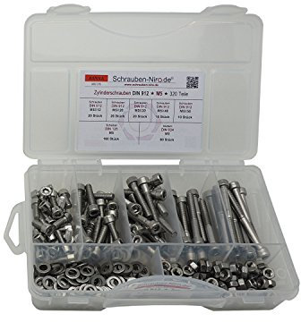 Sortiment DIN 912 M5 Edelstahl A4 240 Teile ; Zylinderkopfschrauben/Innensechskantschrauben, inc. Muttern DIN 934, Unterlegscheiben DIN 125, Material VA V4A