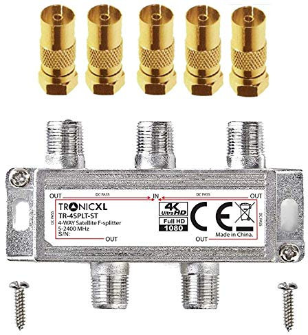 TronicXL 4fach Premium Koax Antennenverteiler HD 3D 4K Verteiler Weiche Splitter zb für DVBT DVBT2 DVBC SAT Unicable Kabelfernsehen Unitymedia Vodafone Kabel Deutschland Kabelfernseh 4er 4-Fach HDTV
