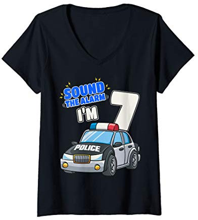 Damen Kinder-Polizeiauto 7 Geburtstag 7 Jahre Polizist Offizier T-Shirt mit V-Ausschnitt