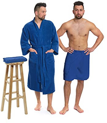 Interkontakt SET - Herren Bademantel - Model Kimono + Saunakilt + Handtuch/Navy Blue/L