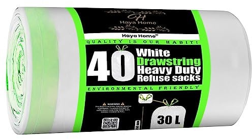 HayaHome 30L Litre Apple Scented 40 Drawstring Extra Strong Kitchen Bin Liner Heavy Duty Bin Bags White Plastic Refuse Sacks tie top handle large Waste Dustbin Bags for Kitchen Home Office DIY Garden
