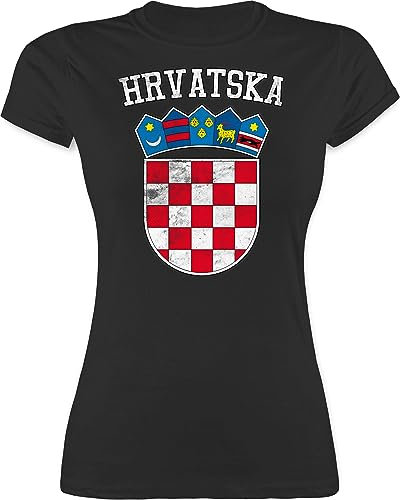 Shirt Damen - Fußball EM WM - Kroatien Wappen Hrvatska Krotatisch - M - Schwarz - Croatia Trikot fußballtrikot Europameisterschaft Croatian für Frauen kroatische Tshirt wm-Shirts Fussball