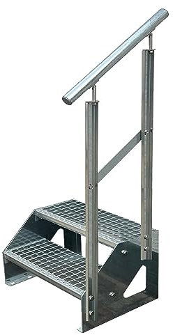 Kaminbau Mierzwa Premium Treppe Freistehend 2 Stufen Geländer Rechts (Breite 800 mm) (Höhe 38cm) Wetterfest Gitterroststufe Gartentreppe