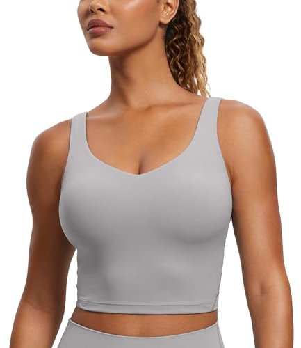 CRZ YOGA Butterluxe Damen V-Ausschnitt Longline Sport-BH - Gepolstert Workout Crop Tank Top mit Eingebautem BH Möwe Grau S