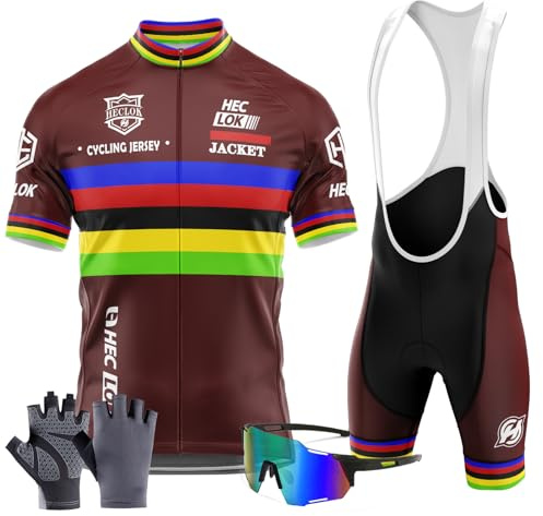 Maillot Cyclisme Kits Homme Vêtements, Tenue d'Été, Manche Courte MTB Jersey avec Cuissard à Bretelle 9D Gel Rembourré, Gants et Lunettes (TYP-4,5XL)
