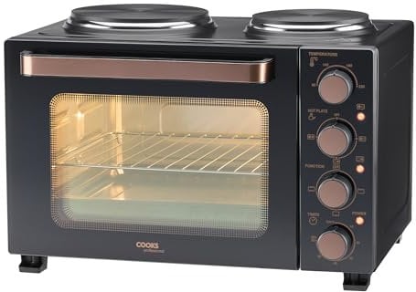 Cooks Professional Mini Portable Oven with Hobs | Energy Efficient Electric Countertop Cooker with Two Hot Plate Hobs & Wire Rack Baking Tray | Kitchen Grill Ovens | 28L Capacity | Black & Copper…