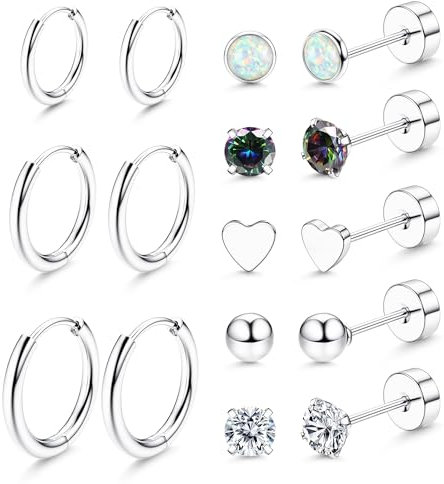 Dochais 8 paia di orecchini da donna, orecchini a perno in acciaio chirurgico 316L placcati in oro 14K ipoallergenici, orecchini medici a cerchio piccoli e piatti con zirconi, piercing multipli