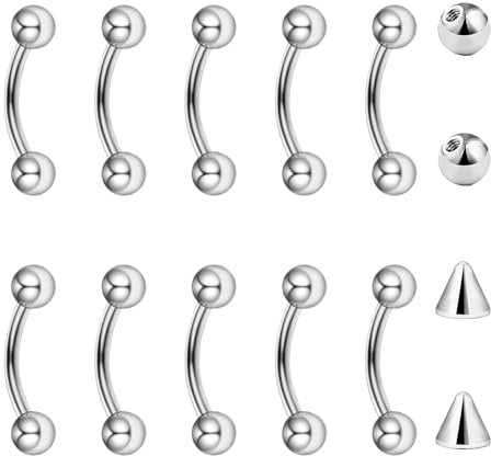 Besyvvin 10stk Curved Barbell 1,2mm Piercing Lippe Augenbrauen Septum Rook Daith Banane Silber 10mm Chirurgenstahl