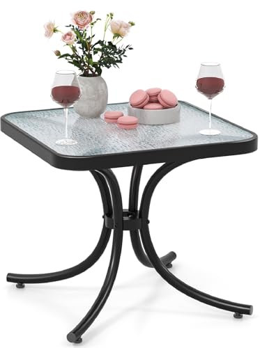 CASART Patio Side Table, 50cm Outdoor Coffee Table with Tempered Glass Tabletop & Metal Frame, Square Garden Table Small Bistro Table for Backyard Poolside Balcony