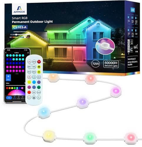APPECK Permanente Außenbeleuchtung 30m mit 72 LEDs, Smarte RGB Wasserdicht Trauflichter, mit Alexa, Google Assitant, 111 Szenenmodi Lichterkette für Weihnachtsbeleuchtung, Party Tägliche Deko