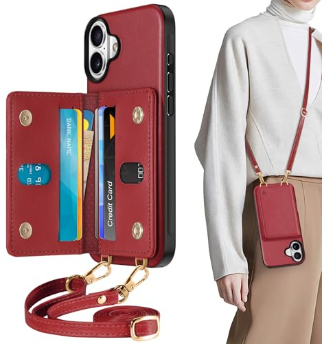 TUCCH Case for iPhone 16 Plus (6.7) with Adjustable Strap, Wallet Case with[6 Card Slots][RFID Blocking][Detachable Crossbody Lanyard][Magnetic Closure]Shockproof Anti-Slip PU Leather Cover, Dark Red
