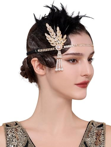 BABEYOND Flapper 1920s Gatsby Stirnband - 20er Jahre Vintage Strass Haarschmuck Hochzeit Ball Damen Feder Kopfbedeckungen Schwarzes Gold