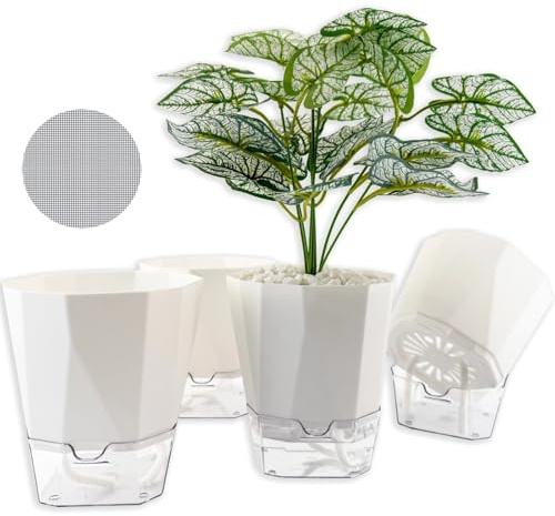 BovcTrraann 4 Packs Self Watering Plant Pots, Plastic Flower Pots with Drainage Hole and Saucer, Self Watering Planters for Indoor Outdoor Garden Plants, African Violet, Herbs (White, 5)