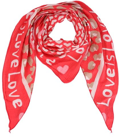 Damen Musselin Halstuch Made in Italy mit Leo Love Happy– Leichtes Dreieckstuch für Frühling & Sommer, Baumwolle, ca.195x85 cm (Love Rot)