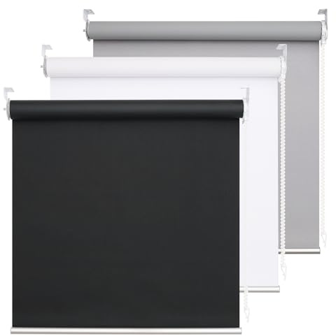 DHSVFCR 100% Blackout Roller Blind, UV Blocking Thermal Insulated Fabric, Child Safe, Easy to Install and Use, Fit Bathroom Kitchen Bedroom Home Office Window, Cord Control, Black 20W x 185H cm