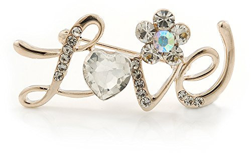 Broche plaqué or avec cristaux « Love » - Longueur : 45 mm, taille unique, Pierre précieuse, métal, Cristal