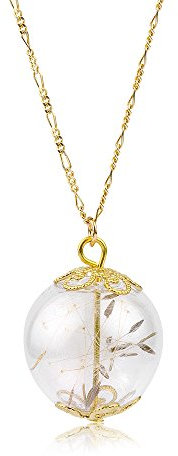 MadamLili - Pendentif pissenlit véritable avec chaîne de 70 cm - Argent sterling 925 plaqué or - Bijoux naturels - Fabriqué à la main - Boîte à bijoux exclusive, Argent sterling, Boule en verre avec,