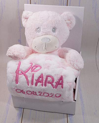 Geschenk-Set New Baby ★ Babydecke mit Namen + Plüschtier ★ Baby-Shower ★ Geburt ★ (Rosa - Teddybär)