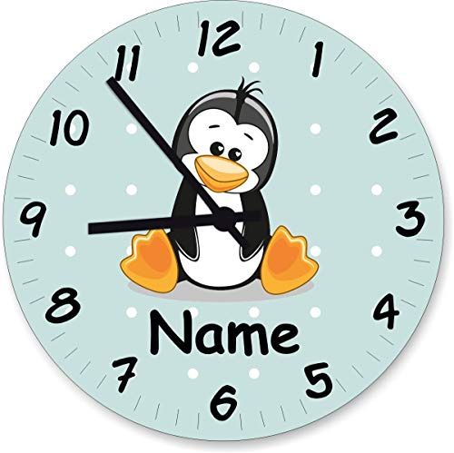 Shirtinstyle Wanduhr Kinderzimmeruhr Pinguin mit Wunschnamen Geschenk Uhr Kinder Handmade, 20cm, Farbe Pastellmint